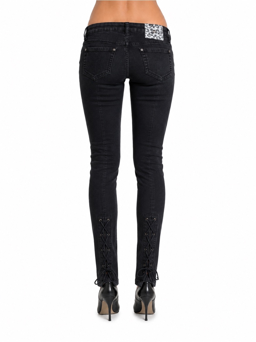 Rare Guess Ultra Low Rise Black Skinny Jeans Lace Up Back 2000s Clubwear Size 27